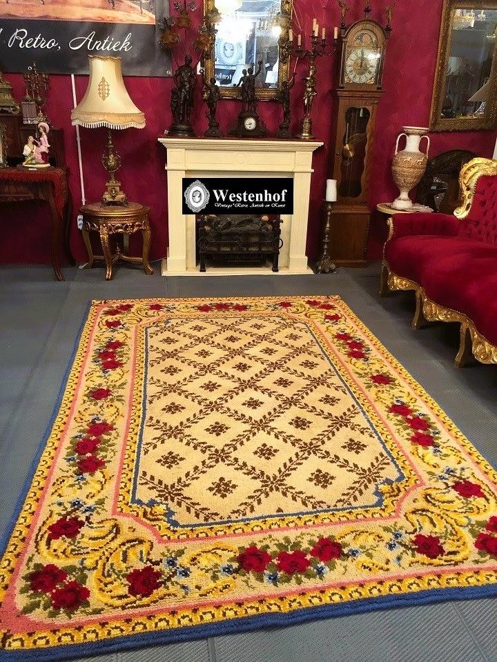 Handgeknoopt tapijt - vloerkleed wol vintage bloemen, Gebruikt, Blauw, 200 cm of meer, Ophalen of Verzenden