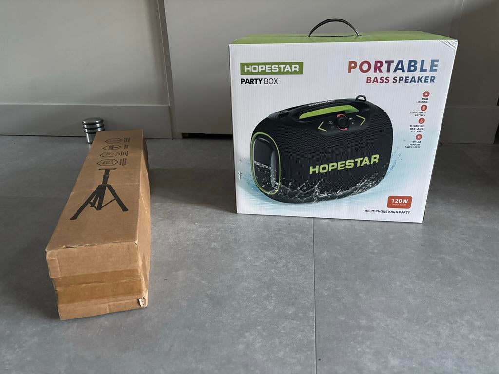 Hopestar Party Box met microfoons en statief, Nieuw, 120 watt of meer, Center speaker, Ophalen