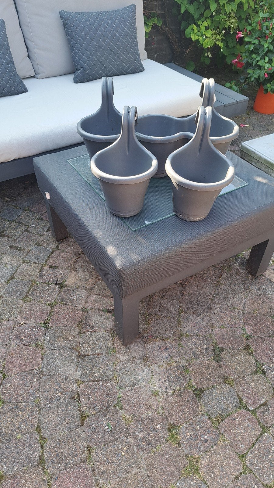 Set van 4 grijze bloempotten met handvat, Ophalen, Kunststof, Gebruikt, Minder dan 30 cm