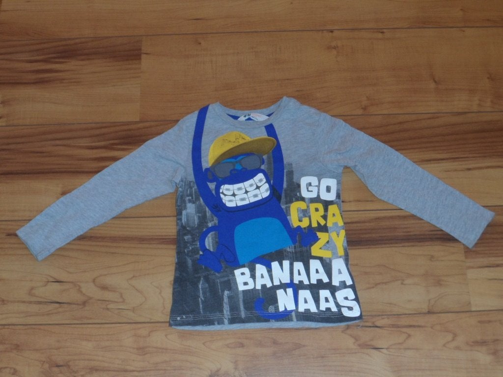 H&M Longsleeve met aap print - Maat 110/116, Gebruikt, H&M, Ophalen of Verzenden, Shirt of Longsleeve