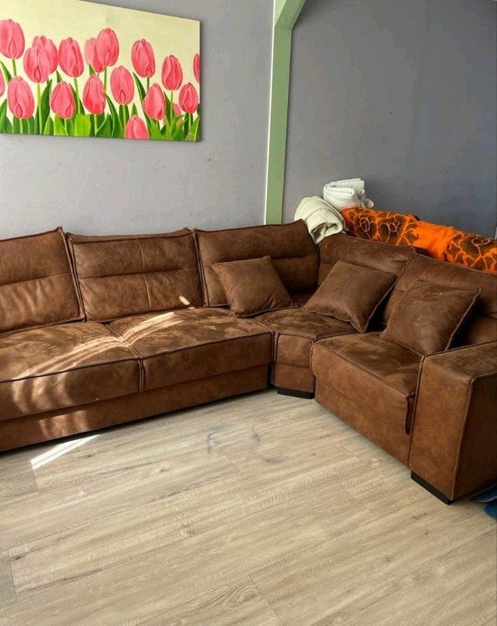Grote hoekbank in bruin leerlook, Huis en Inrichting, Ophalen of Verzenden, Gebruikt, Leer, Modern, Comfortabel