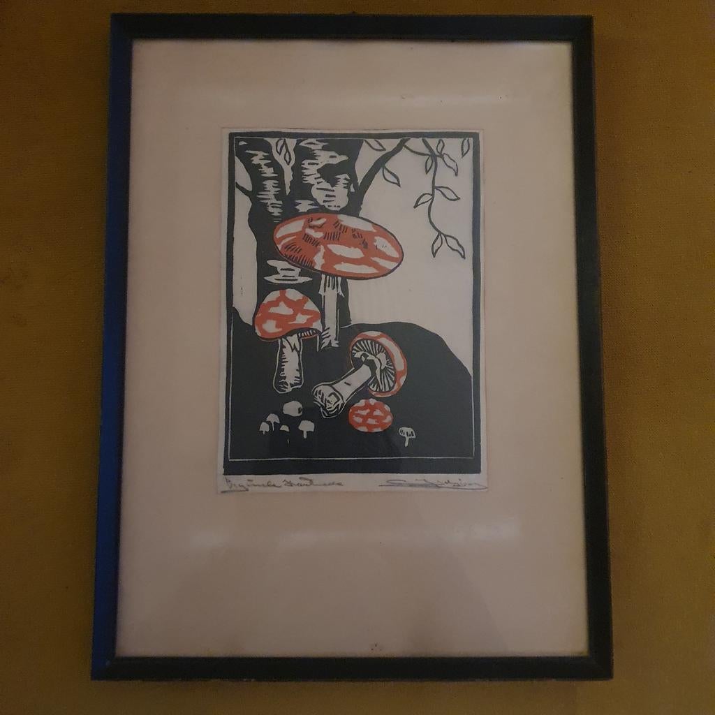 Graaie art deco litho met paddestoelen., Ophalen of Verzenden