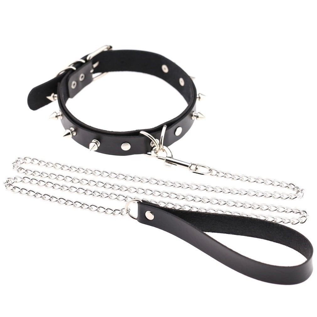 Leren choker met spikes en ketting, Verzenden, Nieuw, Zwart, Overige materialen