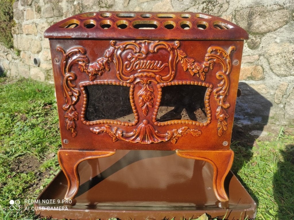Mooie antieke emaille art-deco houtkachel met onderplaat, Ophalen, Gebruikt, Houtkachel, Vrijstaand