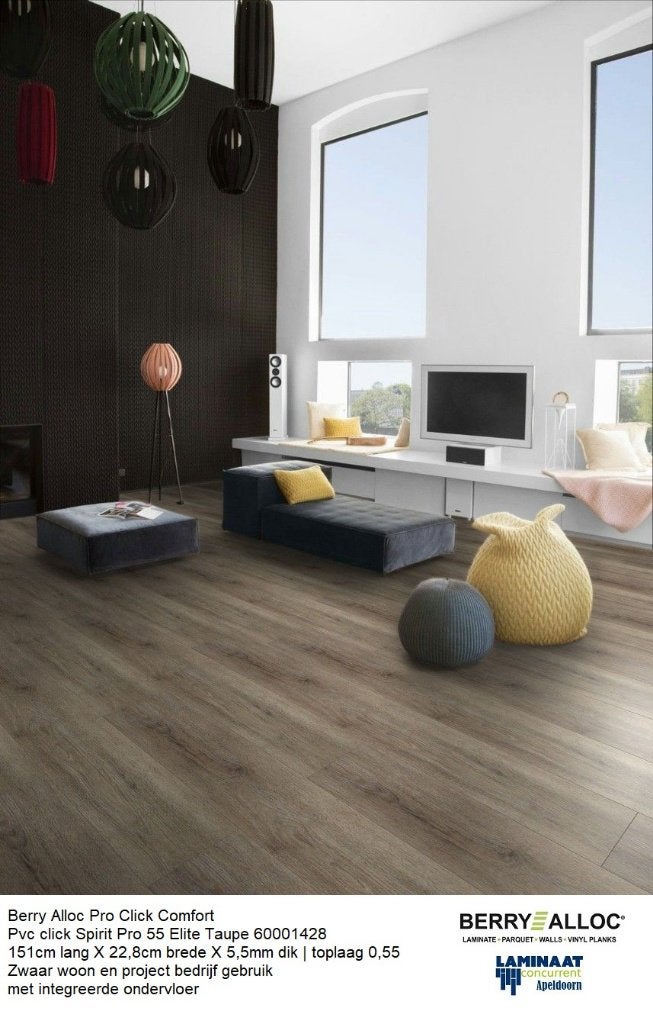 XL Plank Pvc click Elite Taupe met integreerde ondervloer, 75 m² of meer, Grijs, Nieuw, Ophalen of Verzenden