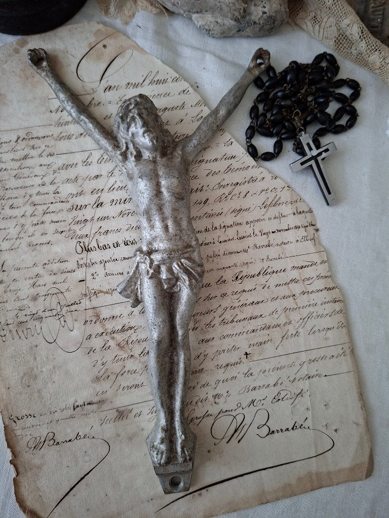 Oude Franse wit metaal Jezus Christus corpus 'PiFrance', Antiek en Kunst, Ophalen of Verzenden