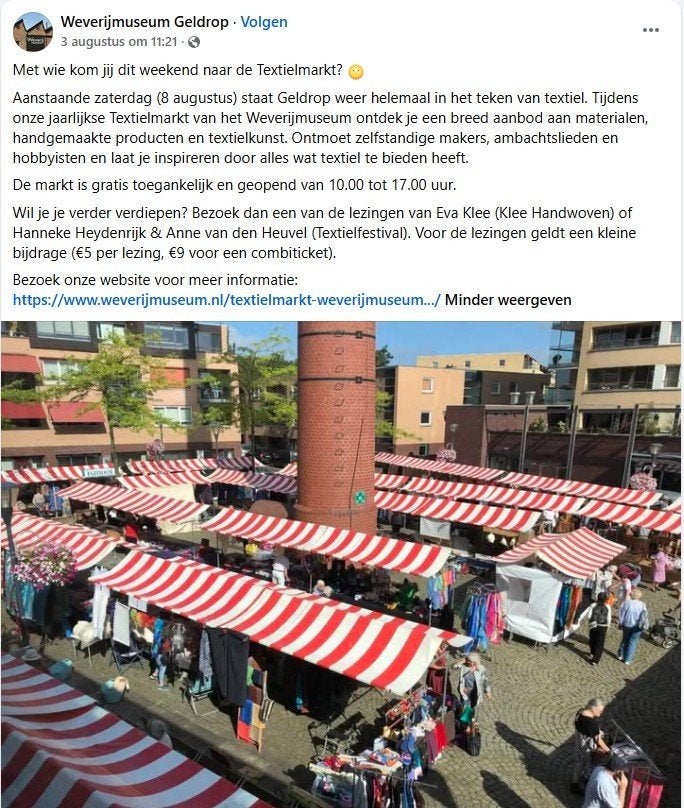Textielmarkt Weverijmuseum Geldrop 8 augustus 10.00 - 17.00, Tickets en Kaartjes, Drie personen of meer