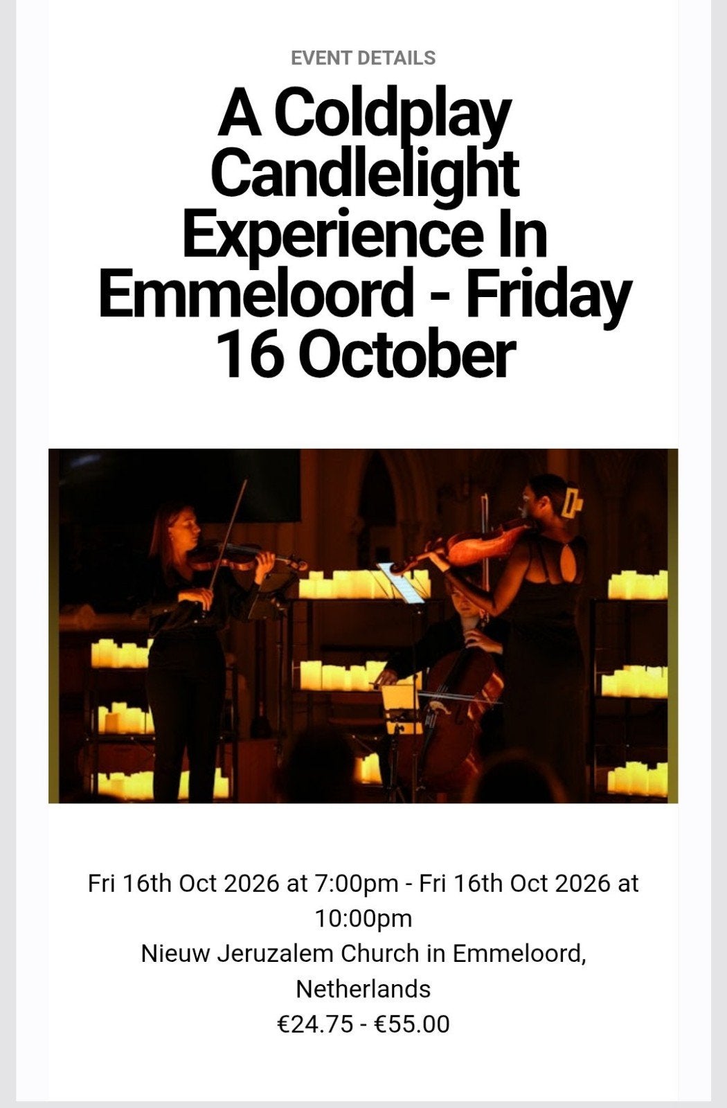 A Coldplay Candlelight Experience In Emmeloord, 16-10-26, Twee personen