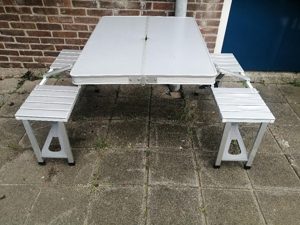 Picknicktafel Family - Inklapbaar Aluminium, Tuin en Terras, Picknicktafels, Ophalen, Gebruikt, Vierkant, Aluminium