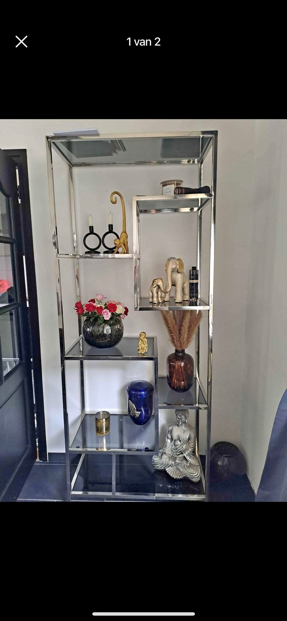 Moderne metalen open kast met glazen planken, Huis en Inrichting, Kasten | Boekenkasten, Met plank(en), 100 tot 150 cm, Ophalen of Verzenden