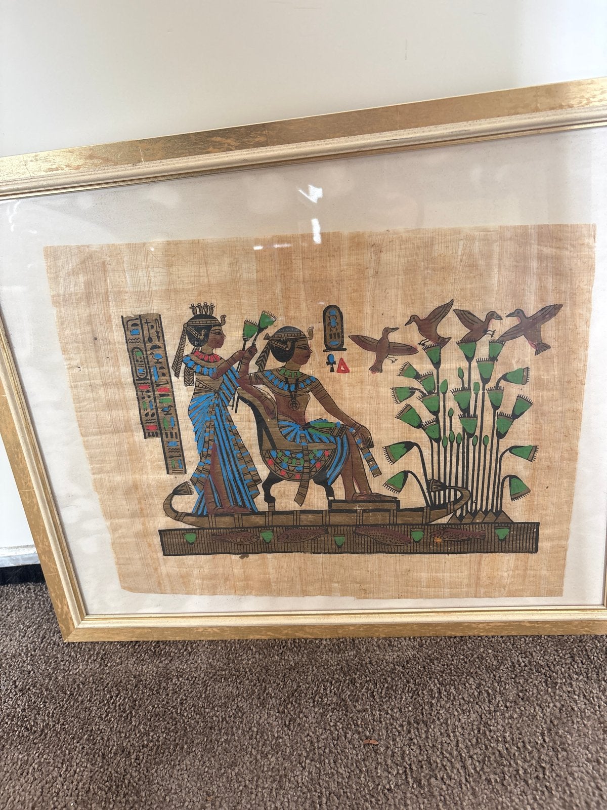 Ingelijst Egyptisch papyrus schilderij, Antiek en Kunst, Schilderij, Ophalen of Verzenden, Papier/karton, Meerkleurig