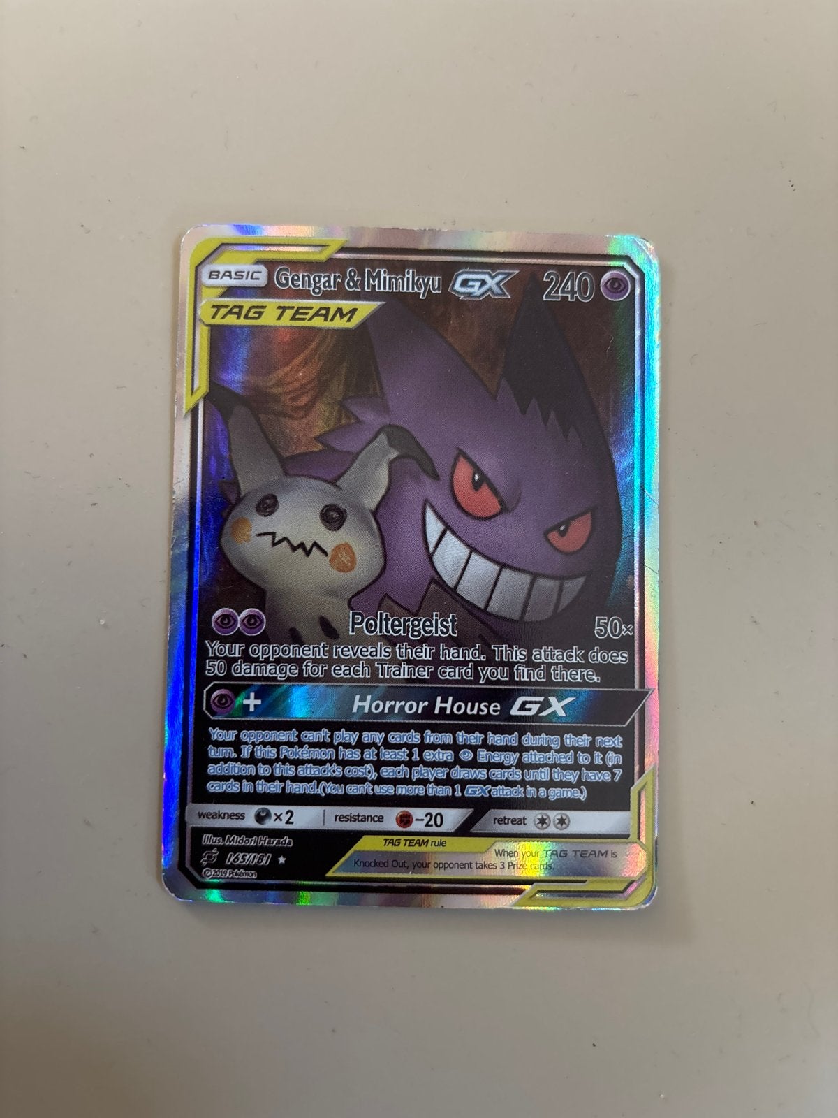 Gengar & Mimikyu GX TAG TEAM Pokémon kaart (Foil), Ophalen of Verzenden, Gebruikt, Losse kaart, Foil