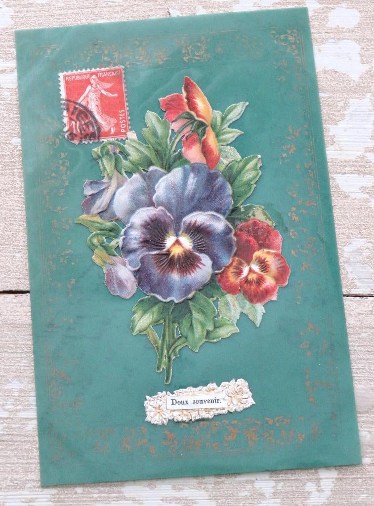 Antieke Franse celluloid kaart “Doux souvenir”, Antiek en Kunst, Curiosa en Brocante, Ophalen of Verzenden