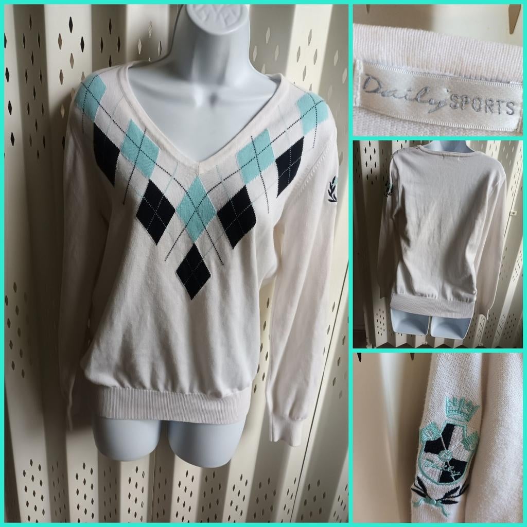 Daily Sports Argyle witte V-hals Trui-Outdoors-Golf- Maat M, Maat 38/40 (M), Wit, Ophalen of Verzenden, Gedragen