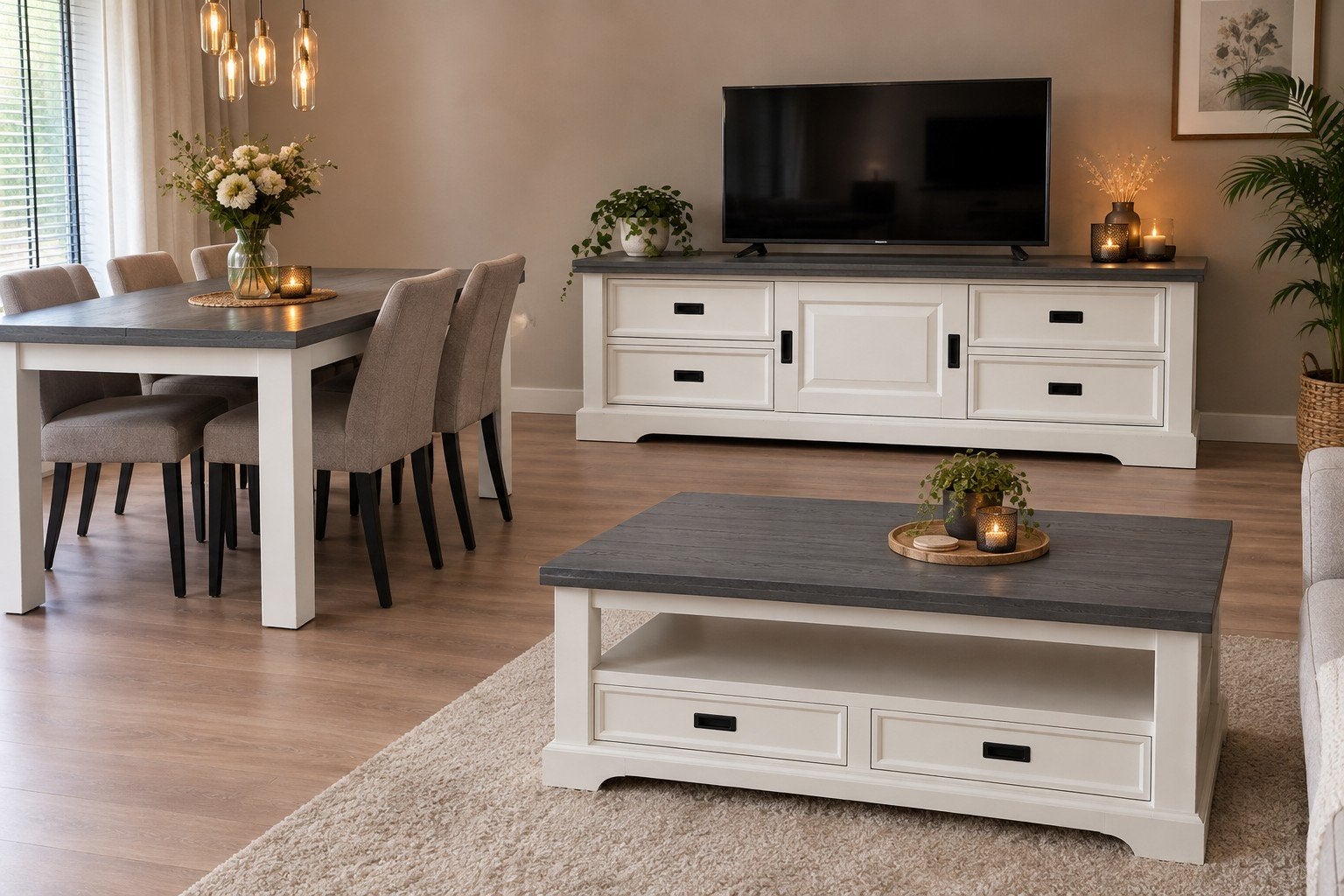 Complete Woonkamerset: Eettafel, Salontafel & TV-meubel, Ophalen, Modern landelijk, Zo goed als nieuw, Vijf personen of meer