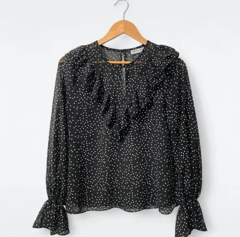 Zwarte stippen blouse met ruffles / Loavies / maat L, Kleding | Dames, Blouses en Tunieken, Zwart, Maat 42/44 (L), Nieuw, Ophalen of Verzenden