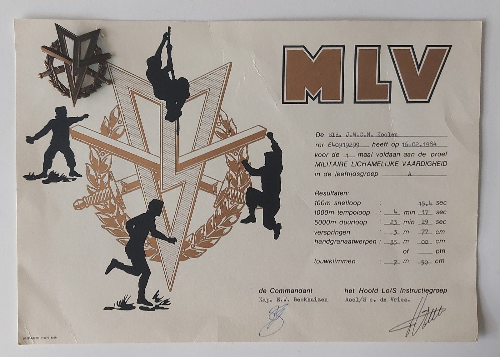 MLV oorkonde en speld Militaire Lichamelijke Vaardigheid, Verzamelen, Verzenden, Landmacht, Nederland, Embleem of Badge