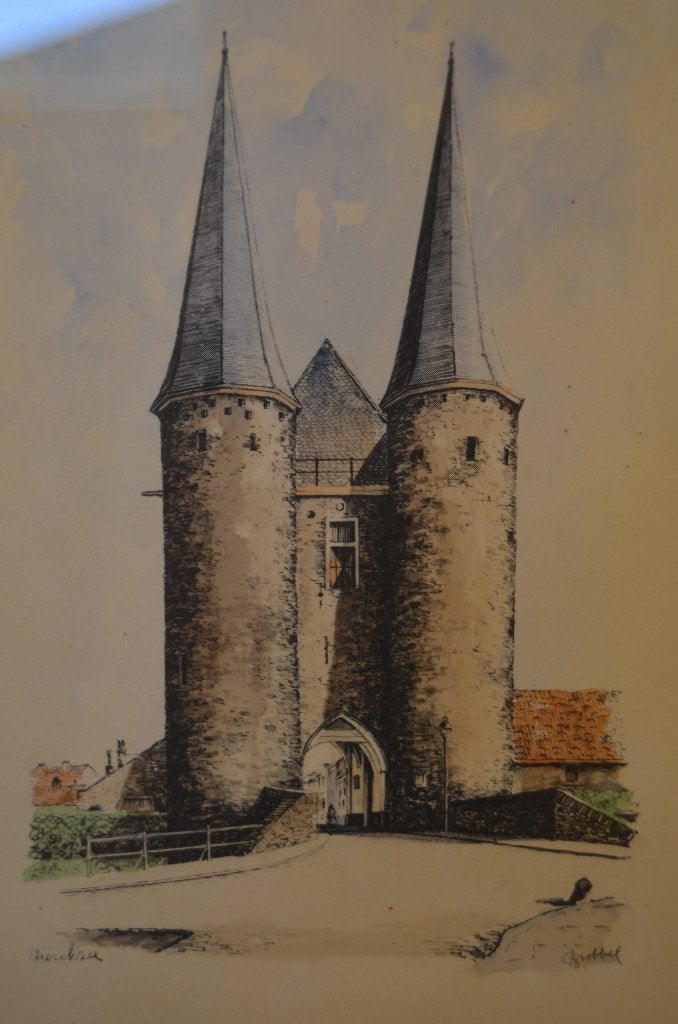 Grafiek Nobelpoort Zierikzee - Bob Brobbel (1907 - 1971), Antiek en Kunst, 22 cm, 1950 - 1999, Overige technieken, Architectuur