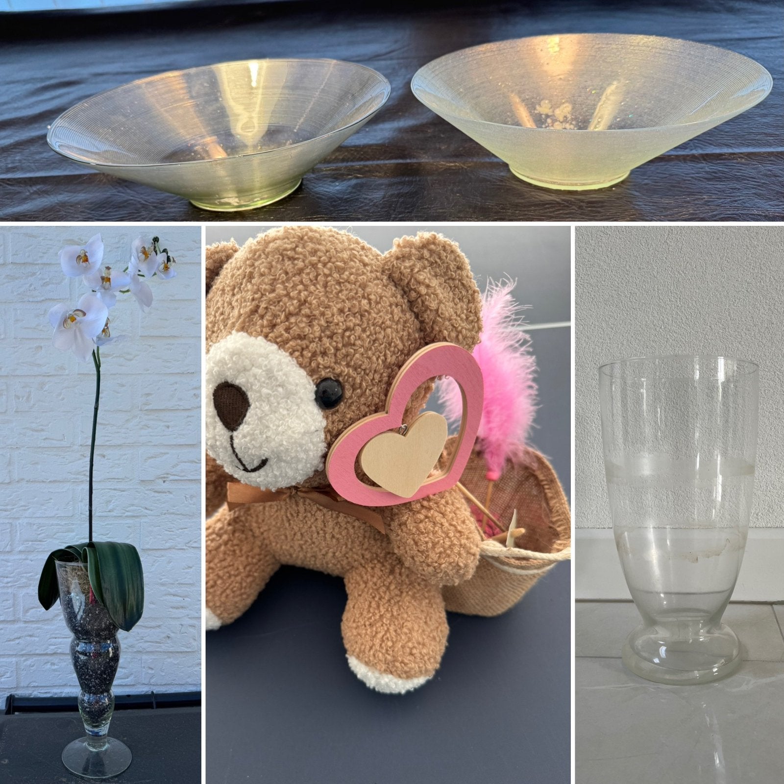Set van 5 - vazen bloempot vaas schaal kunst orchidee, Huis en Inrichting, Woonaccessoires | Vazen, Ophalen, Gebruikt, Transparant