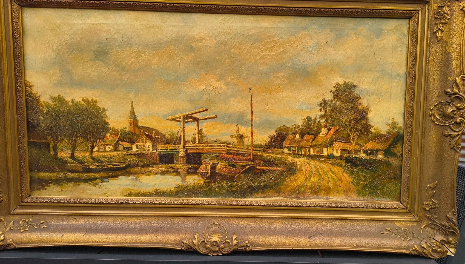 Schilderij Hollandse School - Dorpsgezicht met Ophaalbrug, Antiek en Kunst, Ophalen, Nederlandse school, Doek, Olieverf