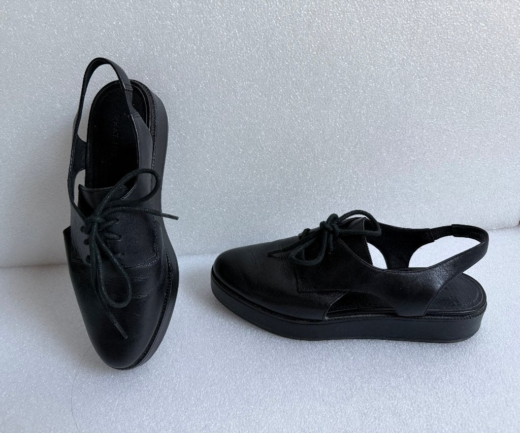 zwart leren WHAT FOR slingback schoenen maat 37, Zwart, Zo goed als nieuw, WHAT FOR, Sandalen of Muiltjes
