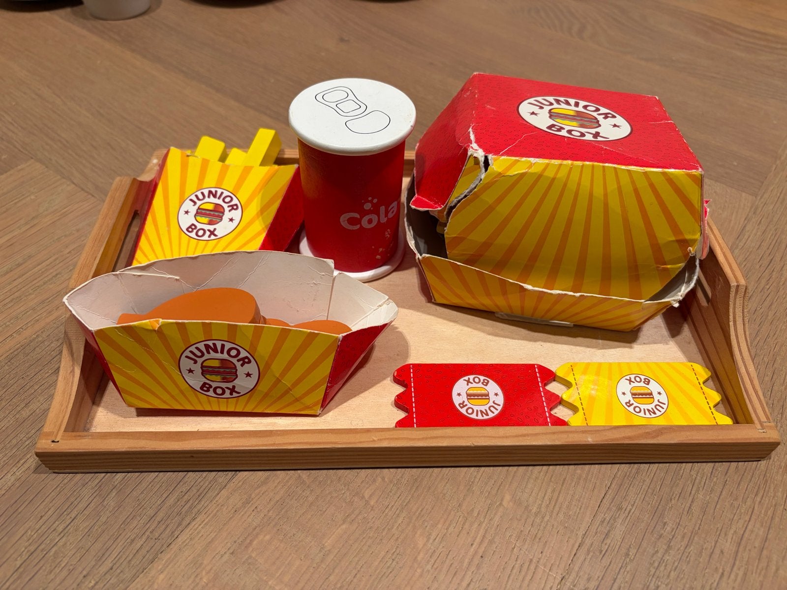 Houten speelgoed fastfood set - Junior Box, Ophalen of Verzenden, Gebruikt, Overige typen