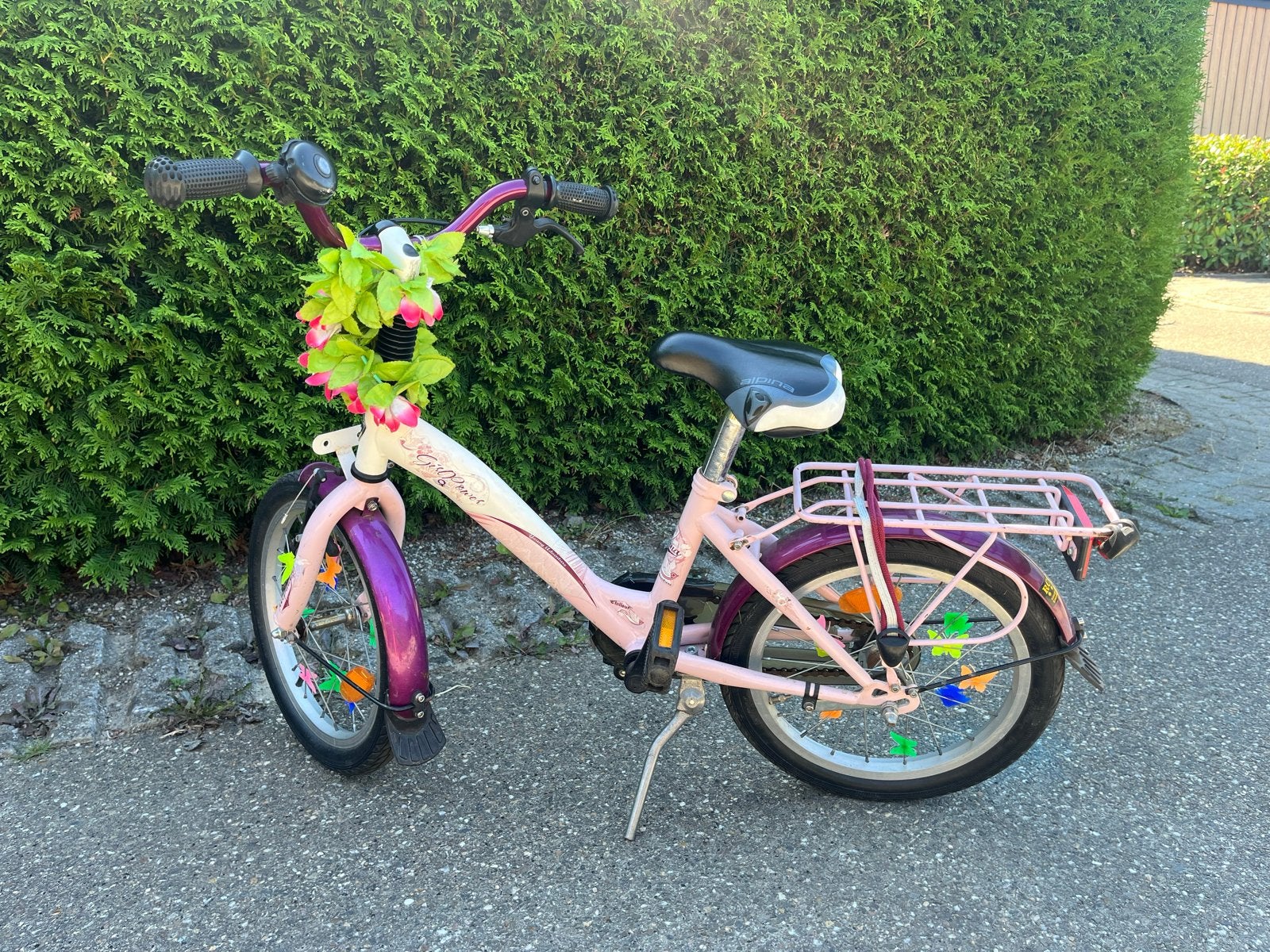 Roze kinderfiets met bloemen en bagagedrager, Ophalen, Terugtraprem, Zijwieltjes, 16 tot 20 inch