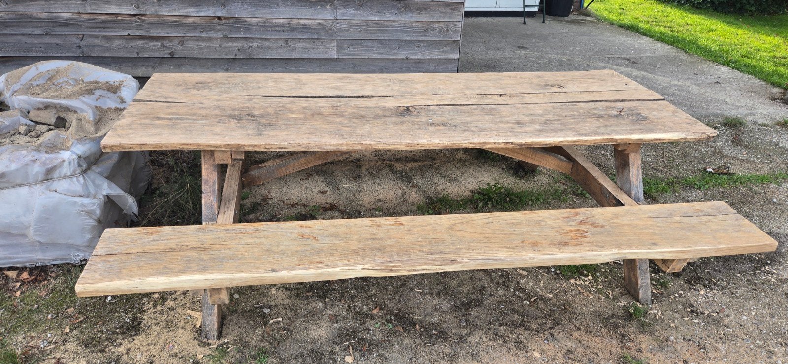 Robuuste eikenhouten picknicktafel - Gebruikt, Tuin en Terras, Ophalen, Gebruikt, Onbekend, Onbekend