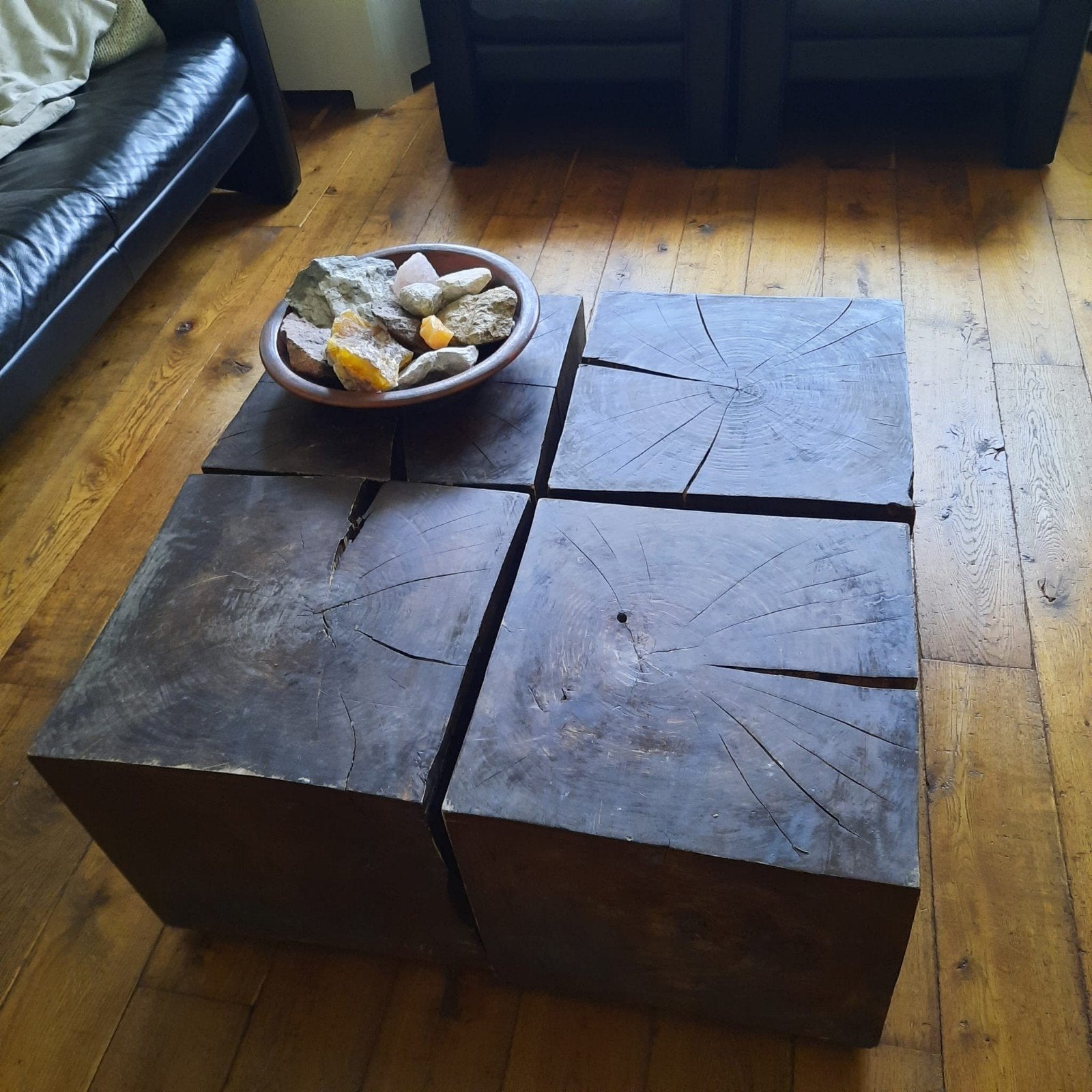 Massief houten blokken salontafel op wieltjes, Huis en Inrichting, Ophalen, Minder dan 50 cm, Gebruikt, Vierkant