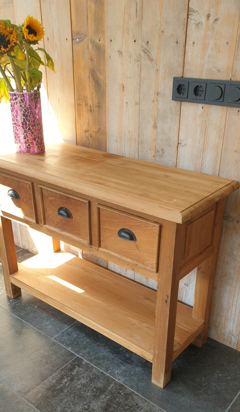 Teak sidetable, met onderplank, br 110 cm, Huis en Inrichting, Tafels | Sidetables, Gebruikt, 100 tot 150 cm, Ophalen of Verzenden