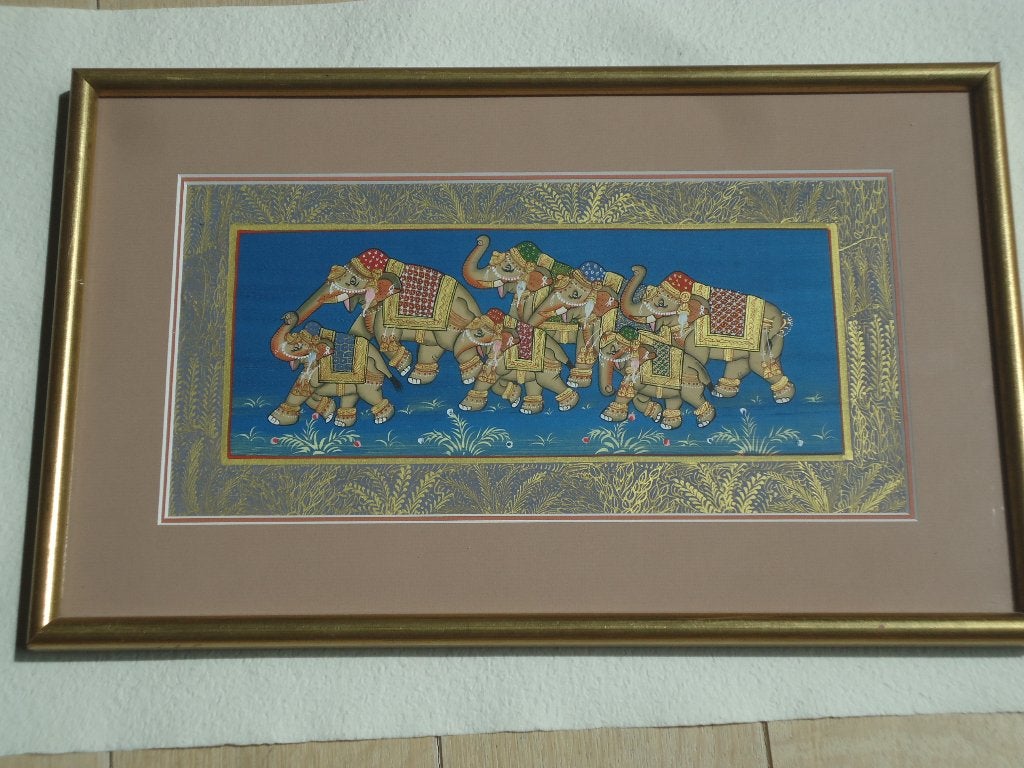 schilderij op zijde Indisch opgetuigde olifanten INDIA silk, Verzenden