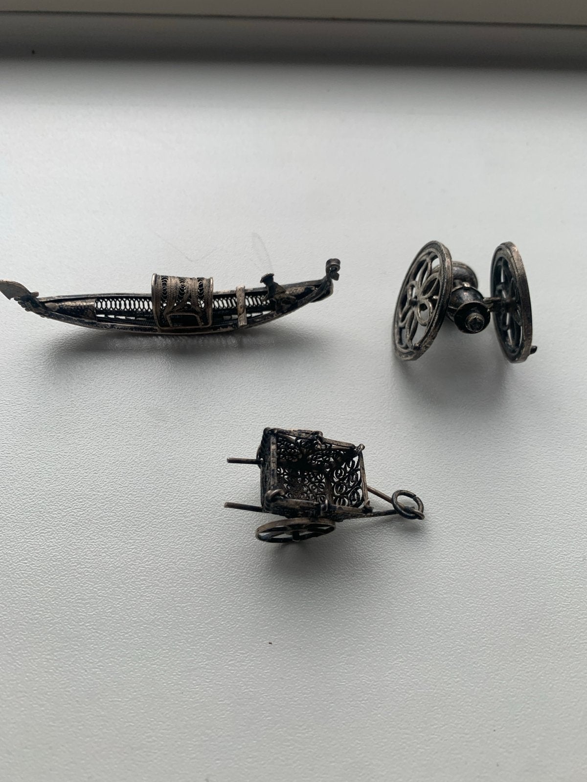 Miniatuur zilveren gondel, kanon en karretje, Antiek en Kunst, Ophalen of Verzenden