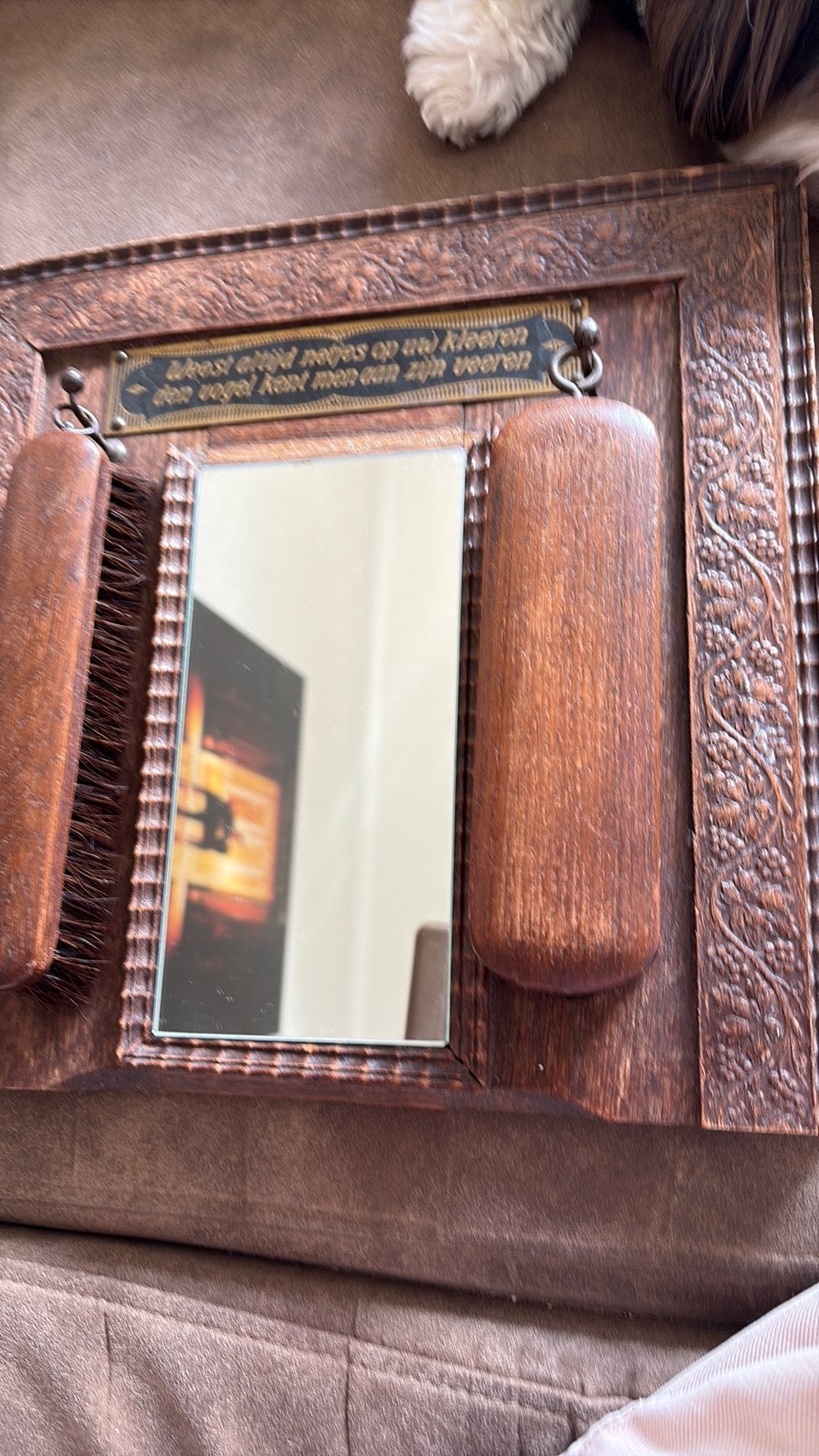 Antiek houten kapstokspiegel met spreuk uit 1900, Ophalen of Verzenden, Rechthoekig, Minder dan 50 cm