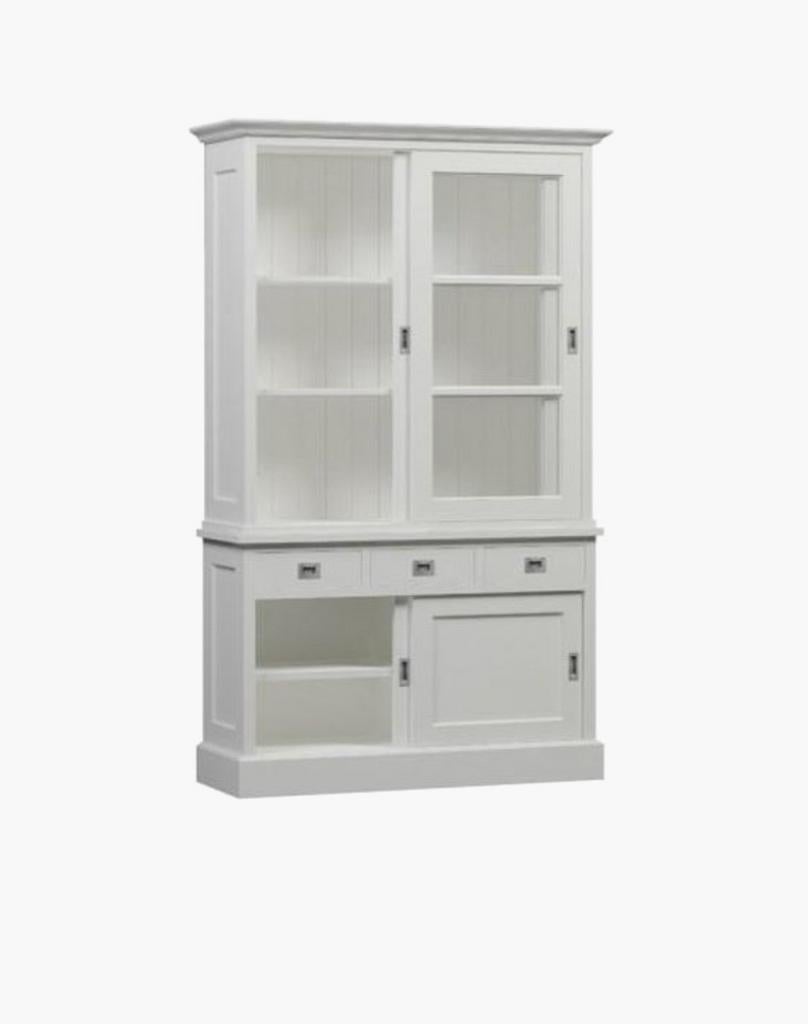 Witte buffetkast met glazen schuifdeuren, Huis en Inrichting, Ophalen, Gebruikt, 100 tot 150 cm, 200 cm of meer