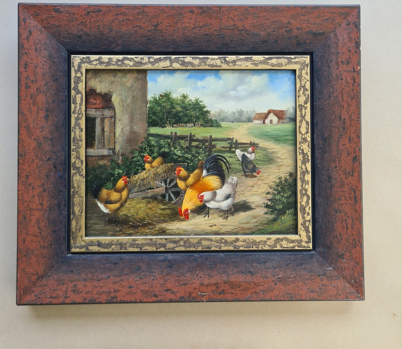 Prentje Kippen en Haan op de Boerderij - 38x33cm, Antiek en Kunst, Kunst | Schilderijen | Klassiek, Verzenden, Realistisch, Dieren