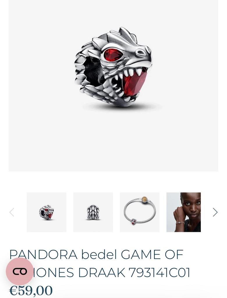 NIEUW Game of Thrones Pandora bedel DRAAK 793141C01, Ophalen, Nieuw, Zilver, Pandora
