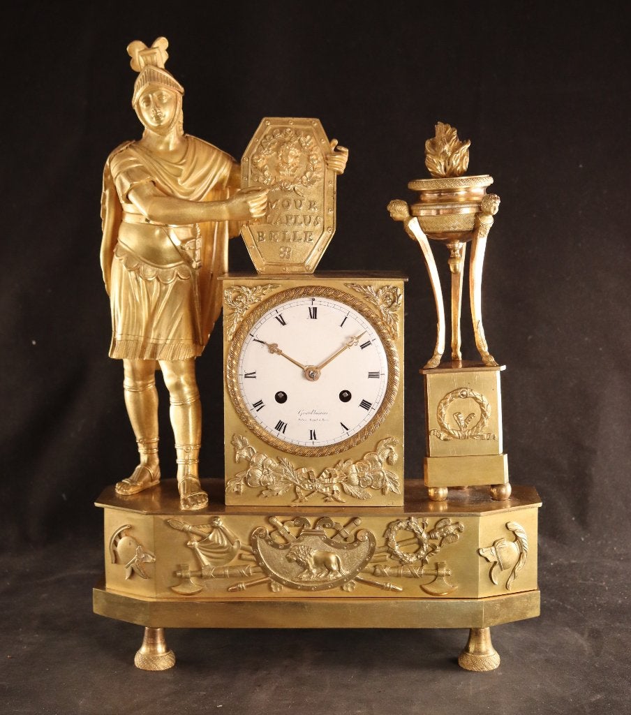 Antieke vuurvergulde figurale pendule, Ophalen of Verzenden