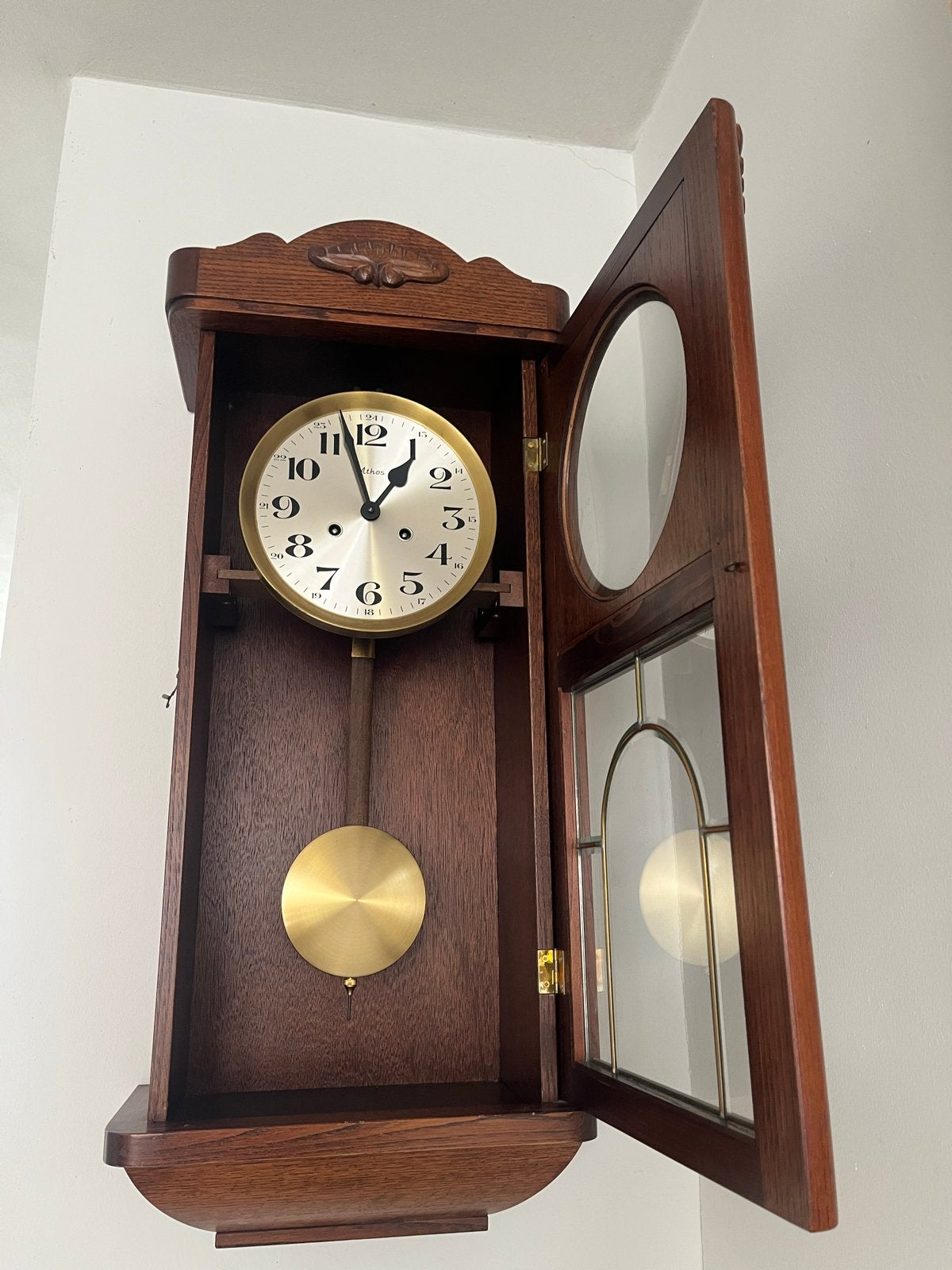 Antieke Houten Athos Wandklok, Antiek en Kunst, Antiek | Klokken, Ophalen of Verzenden