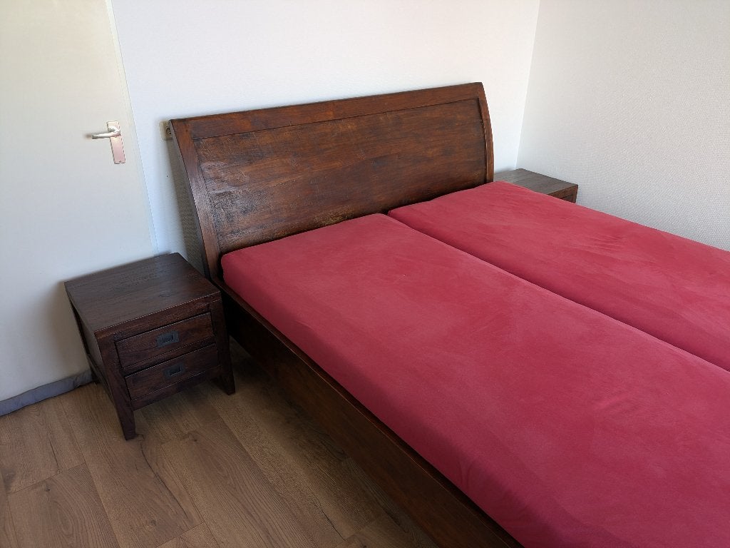 Rustiek bed van massief teak met Auping spiraalbodem, Ophalen, Bruin, 210 cm, Tweepersoons
