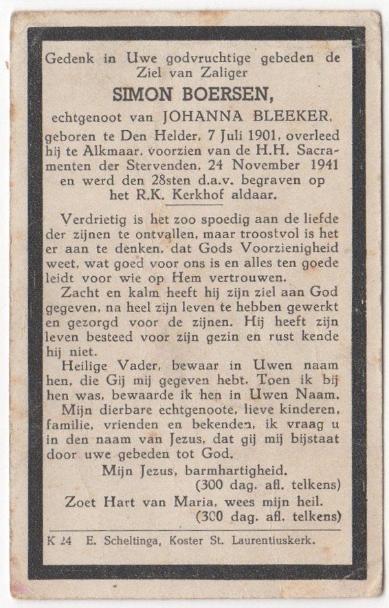 Simon Boersen 1901 Den Helder + 1941 Alkmaar, 40 jaar, Verzenden