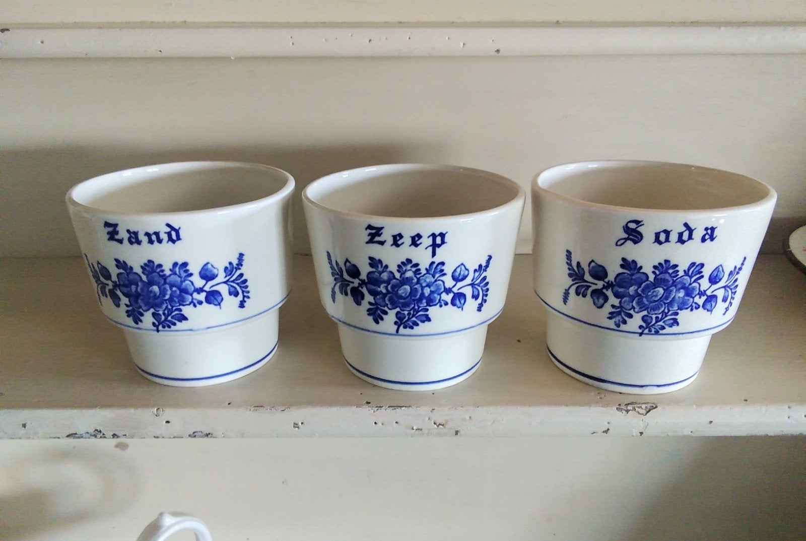 Set van 3 antieke aardewerk potjes: Zand, Zeep, Soda, Ophalen of Verzenden