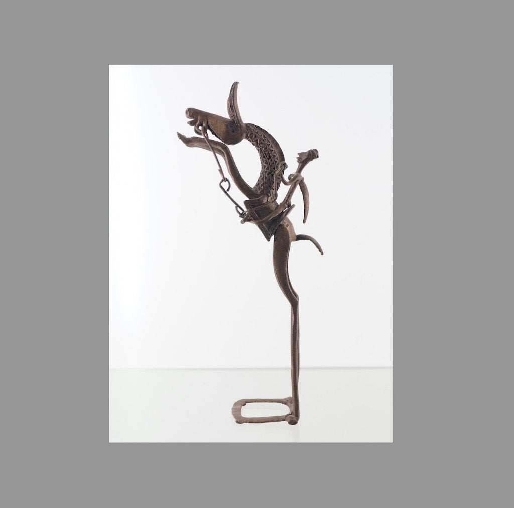 38cm Dogon Warrior te paard Nr.1 (171225-09), Bruin, 38 cm, Afrika, Handgemaakt