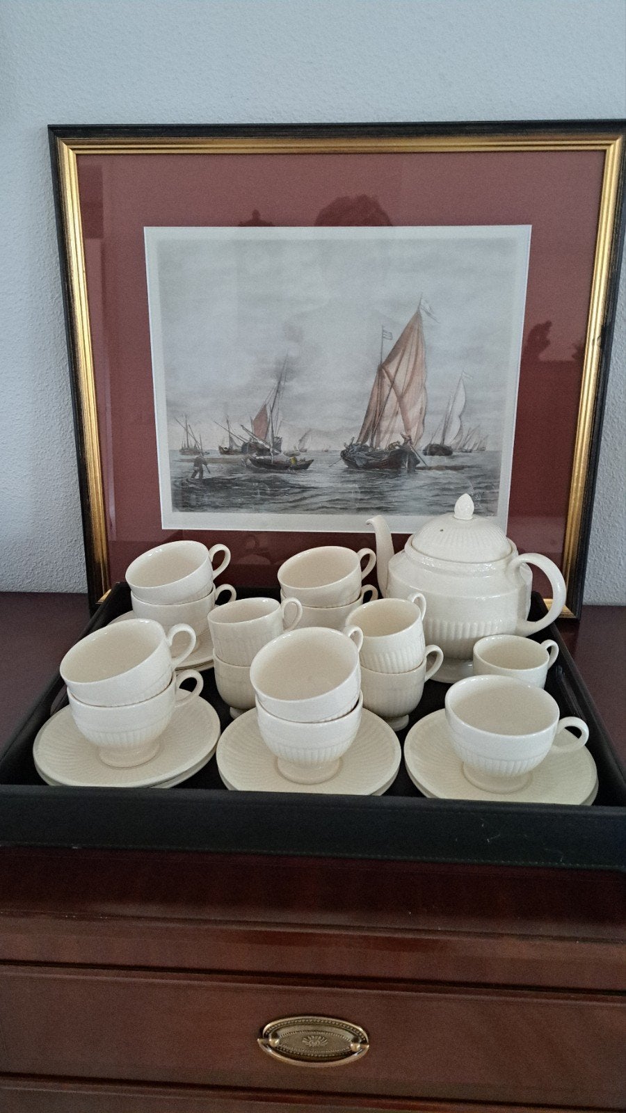 Wedgwood Edme theeservies - 9 kopjes, 9 schotels, theepot, Ophalen of Verzenden