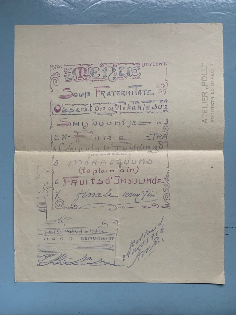 Historisch menu Atelier Poll Utrecht 1916, Verzamelen, Ophalen of Verzenden, Gebruikt, Motorboot, Kaart, Foto of Prent