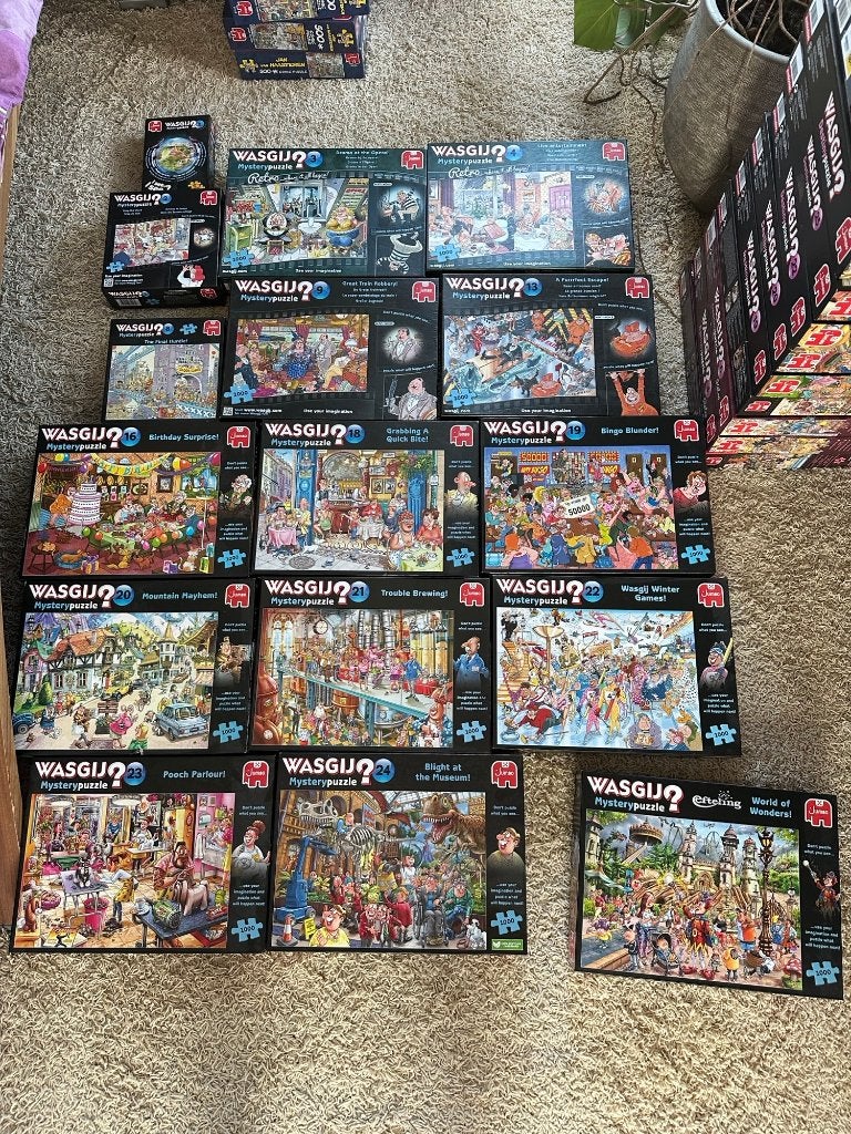 55 (nu nog 17) Wasgij puzzels, 100% compleet 1 x gelegd, Ophalen of Verzenden, 500 t/m 1500 stukjes, Zo goed als nieuw, Legpuzzel