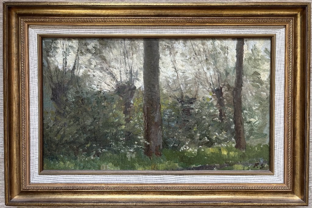 Frans Slager (1876-1953) - Bosgezicht, Paneel, Ophalen of Verzenden, Landschap, Olieverf