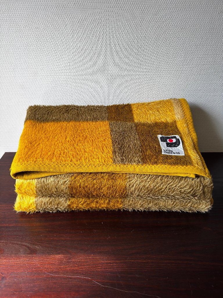 XXL Vintage Woondeken, Oker Mostergele Ruit, Deken, Retro, Ophalen of Verzenden, Zo goed als nieuw