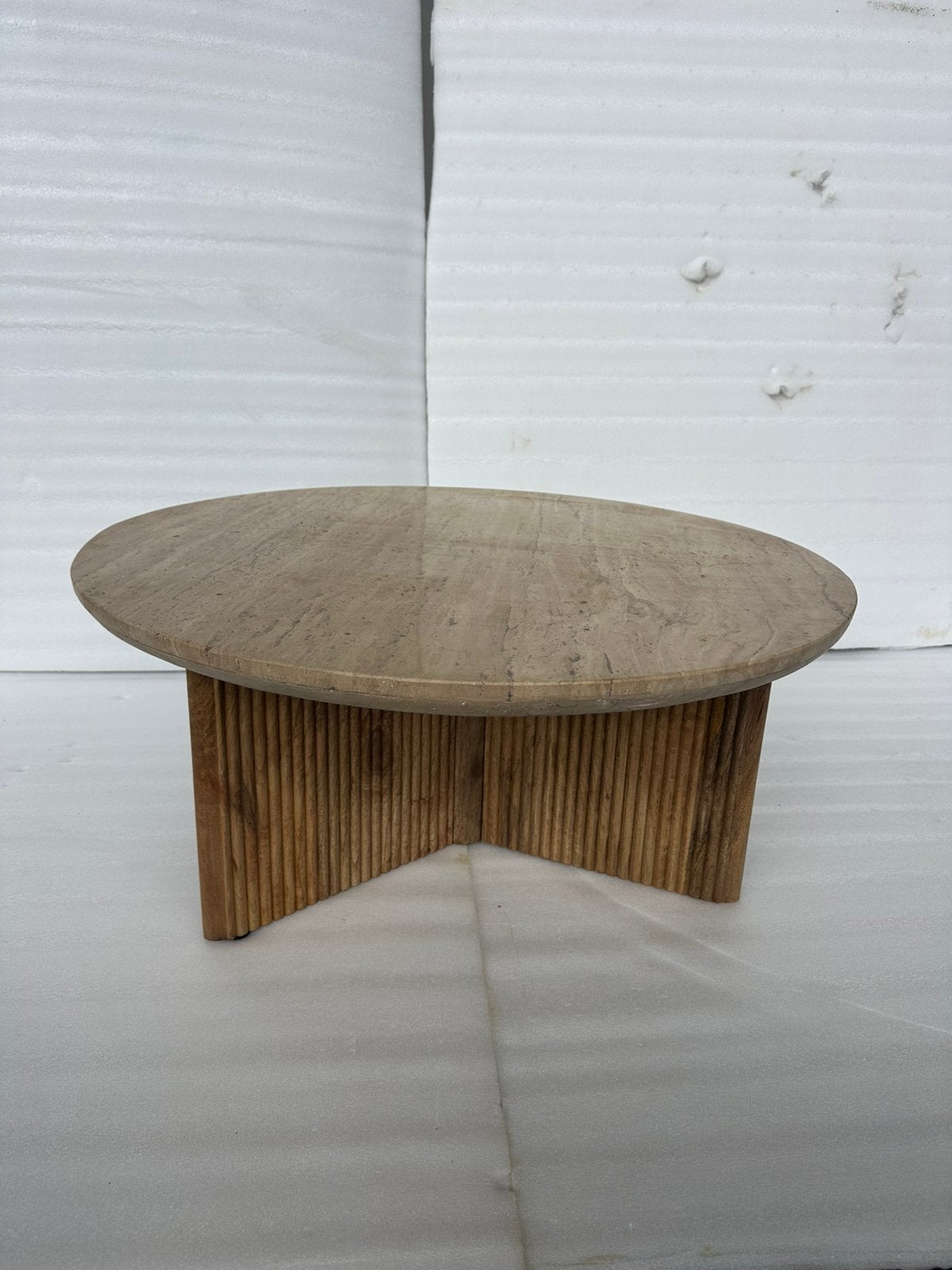 Salontafel Sara Travertin & Mangohout Design tafel OP=OP, Rond, Nieuw, 50 tot 100 cm, Overige materialen