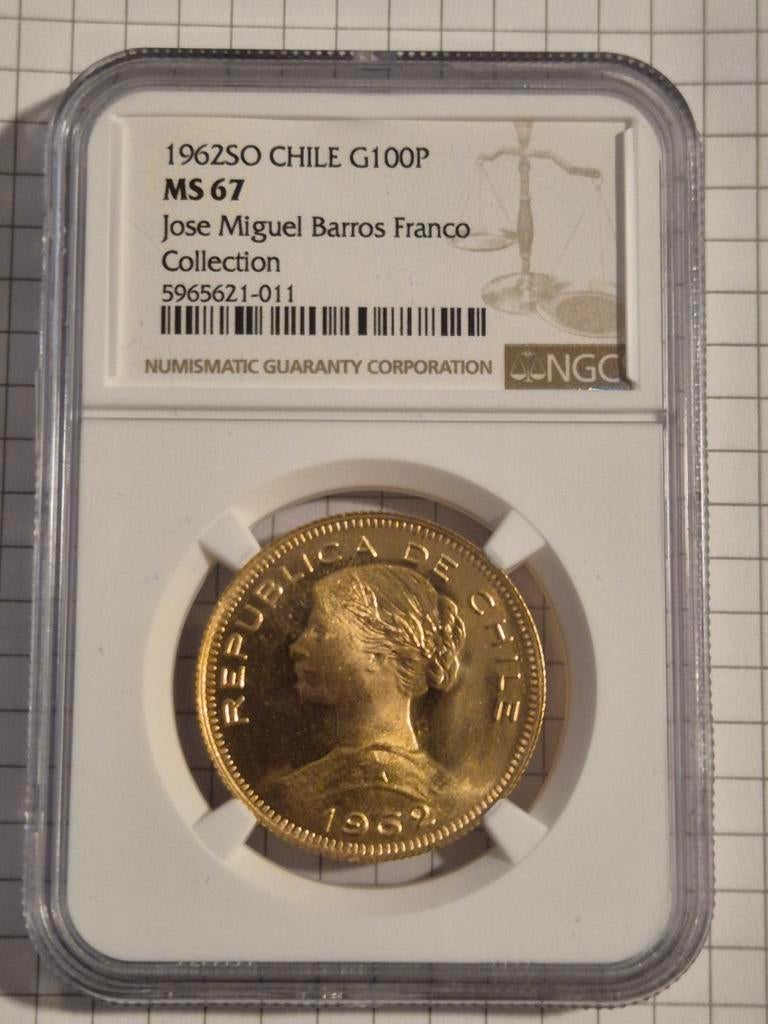 1962 Chili 100 Pesos Gouden Munt NGC MS 67, Ophalen of Verzenden