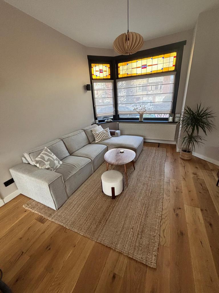 Loungebank Mack zandgrijs stof met rechts verlenging, Ophalen, 250 tot 300 cm, Gebruikt, 75 tot 100 cm